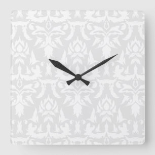 Elegant Damask Pattern Grey White Feminine Square Wall Clock