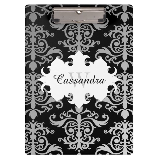 Elegant damask pattern monogram clipboard (Front)