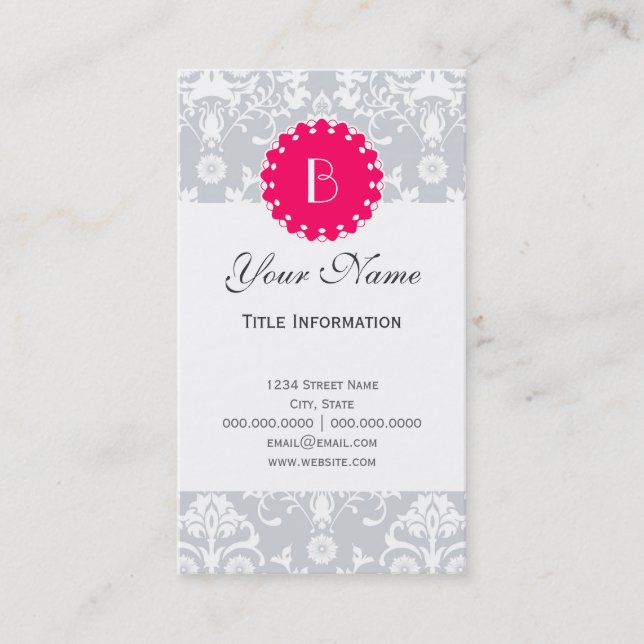 Elegant Damask Pattern with Monogram Business Card (Front)