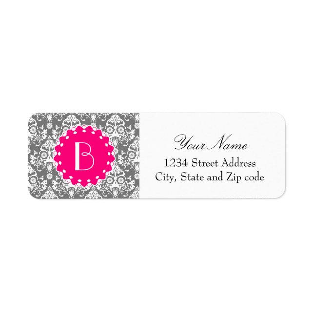 Elegant Damask Pattern with Monogram Return Address Label (Front)