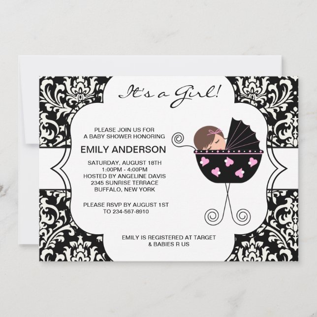 Elegant Damask Pink Black Baby Girl Shower Invitation (Front)