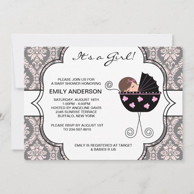 Elegant Damask Pink Black Baby Girl Shower Invitation (Front)