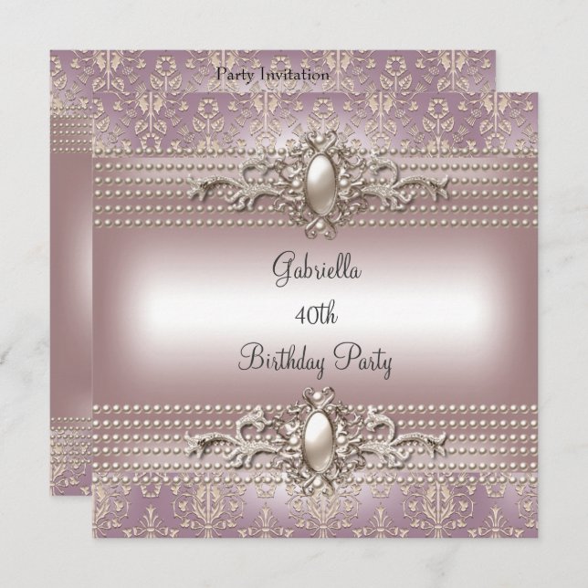 Elegant Damask Pink Cream Pearl Birthday Party Invitation (Front/Back)