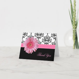 Elegant Damask & Pink Gerber Daisy Thank You Card