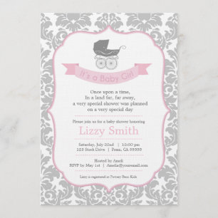 Elegant Damask & Pram Baby Shower Invitation