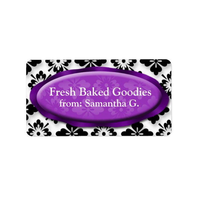 Elegant Damask Purple Baking Labels (Front)