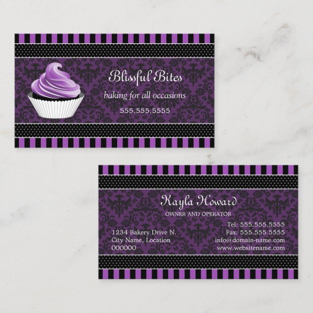 Elegant Damask Purple Cupcake Bakery Business Card (Front/Back)