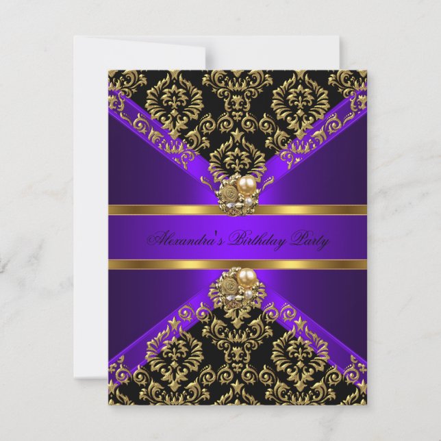 Elegant Damask Purple Gold Black Birthday Invitation (Front)