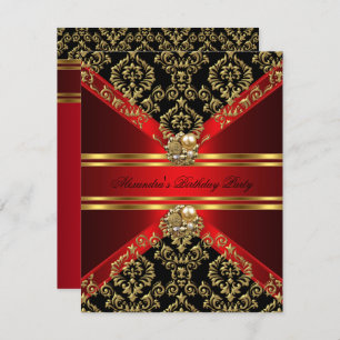 Elegant Damask Regal Red Gold Black Birthday Invitation