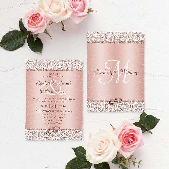 Elegant Damask Rose Gold Monogram Wedding Invitati Invitation (Creator Uploaded)