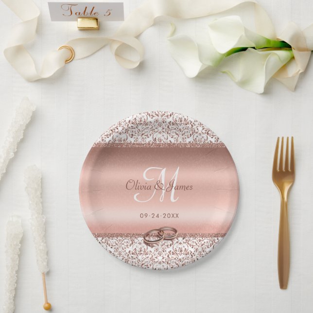 Elegant Damask Rose Gold Monogram Wedding Paper Plate (Wedding)