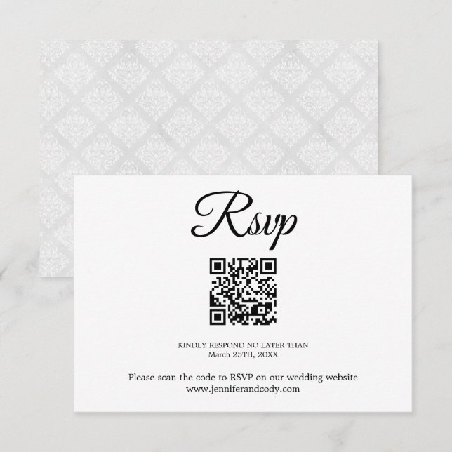 Elegant Damask RSVP QR Code Wedding Card (Front/Back)