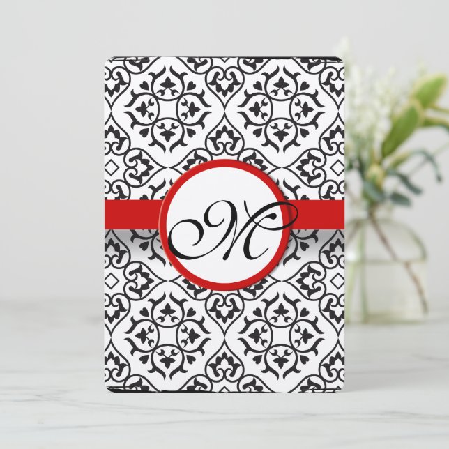 Elegant Damask Side Borders Red Trim Wedding Invitation (Standing Front)