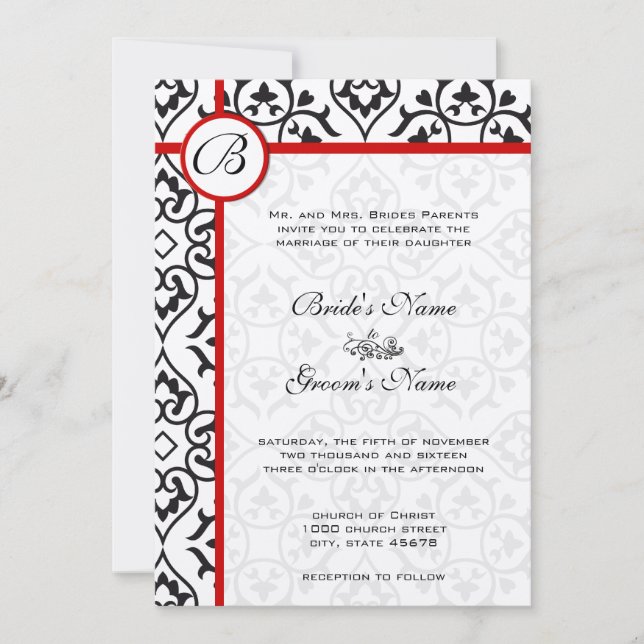 Elegant Damask Side Borders Red Trim Wedding Invitation (Front)