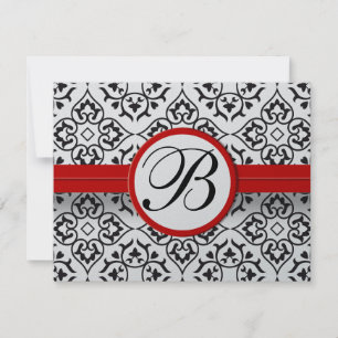 Elegant Damask Side Borders Red Trim Wedding RSVP Card