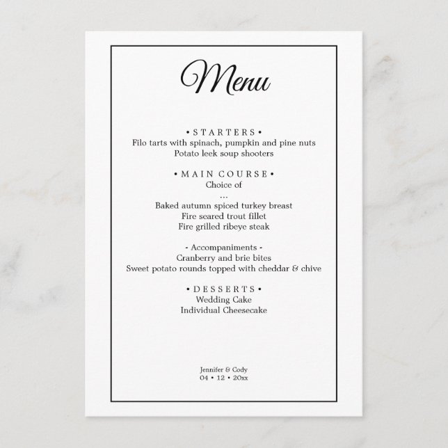 Elegant Damask Simple Minimal Wedding Menu  (Front)