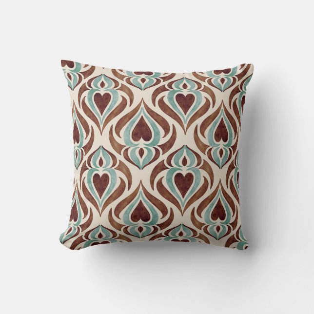 Elegant damask style - teal & brown colour cushion (Front)
