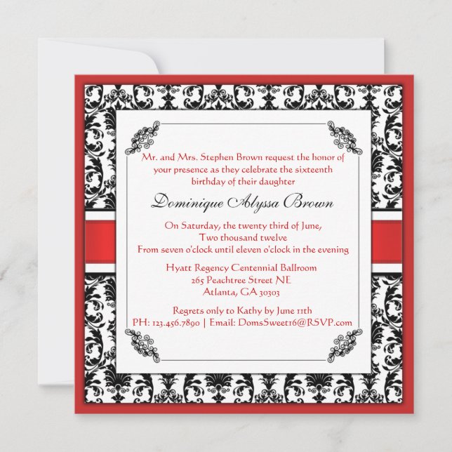 Elegant Damask Swirl Invite [Red] (Front)