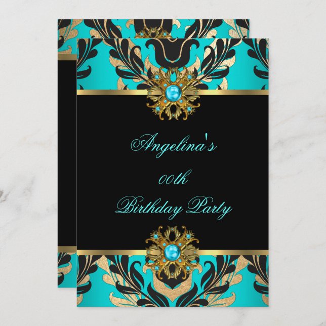 Elegant Damask Teal Blue Gold Black Birthday Party Invitation (Front/Back)