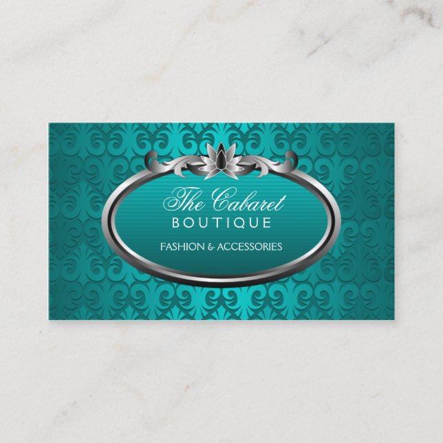 Elegant Damask Teal Silver Shimmer Business Card (Front)