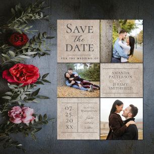 Elegant Damask Three Photo Collage   Beige Save The Date