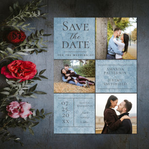 Elegant Damask Three Photo Collage Blue Save The Date