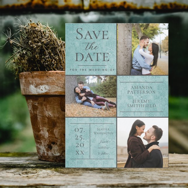Elegant Damask Three Photo Collage | Teal Save The Date (Creator Uploaded)