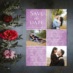 Elegant Damask Three Photo Magenta Save the Date