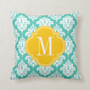 Elegant Damask Turquoise & Yellow Custom Monogramm Cushion