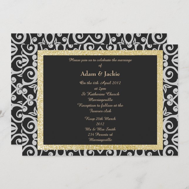 ELEGANT Damask WEDDING BLACK SILVER MODERN Invitation (Front/Back)