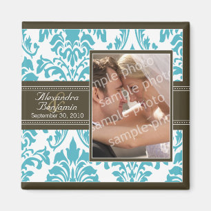 Elegant Damask Wedding Favour Magnet: aqua/brown Magnet
