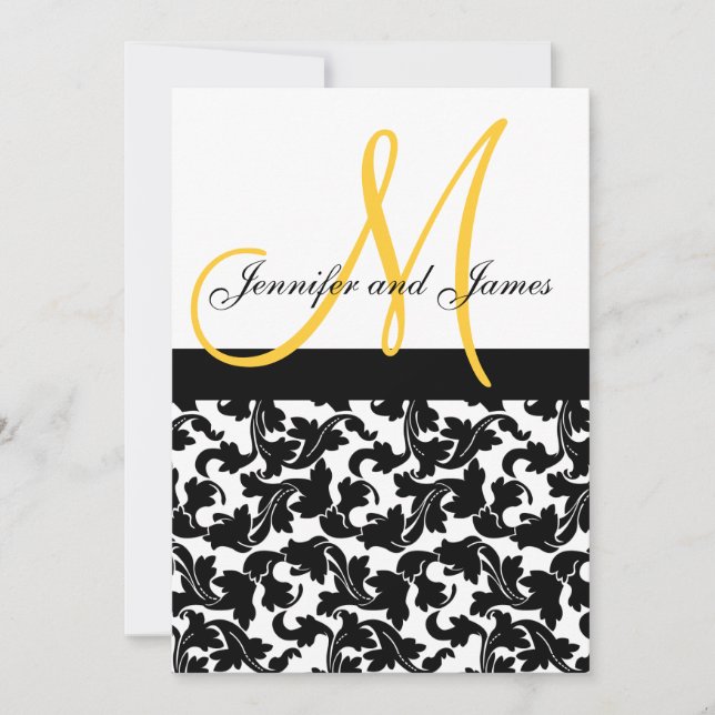 Elegant Damask Wedding Invitation Monogram Yellow (Front)