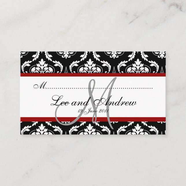 Elegant Damask Wedding Reception Place Card Red (Front)