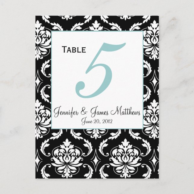 Elegant Damask Wedding Table Number Card (Front)