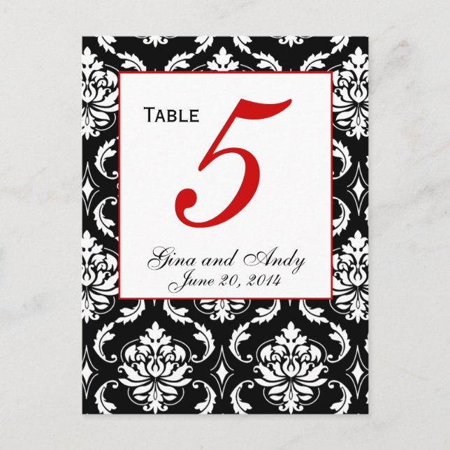 Elegant Damask Wedding Table Number Card (Front)