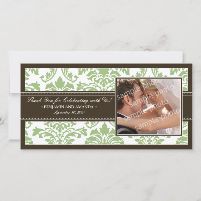 Elegant Damask Wedding Thank You Photocard: sage (Front)