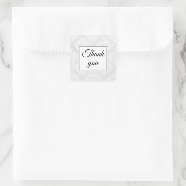 Elegant Damask White Wedding Thank You Simple Square Sticker (Bag)