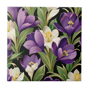 Elegant Damask with Crocus Flowers Ceramic Tile