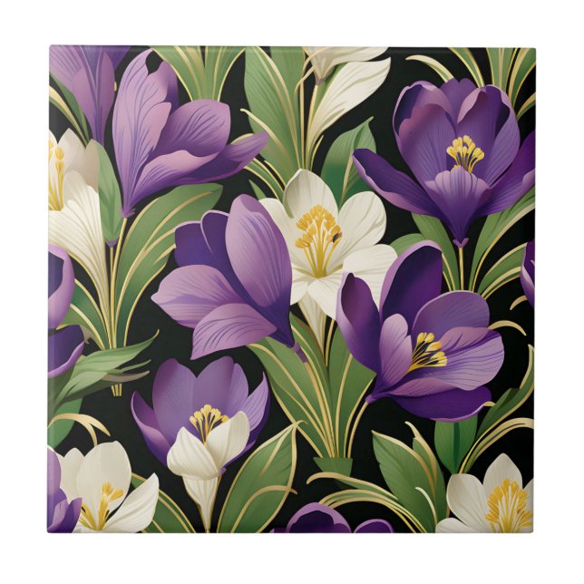 Elegant Damask with Crocus Flowers Ceramic Tile (Front)