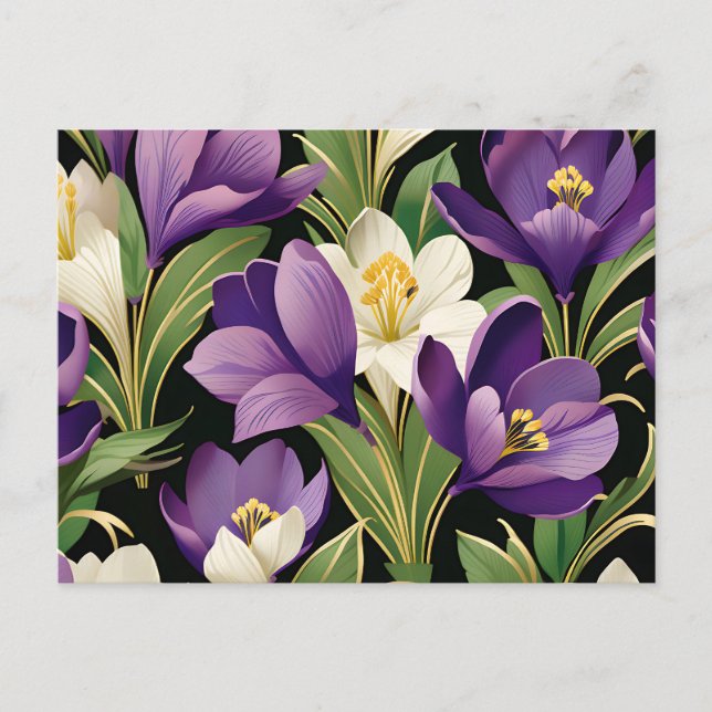Elegant Damask with Crocus Flowers Postcard (Front)