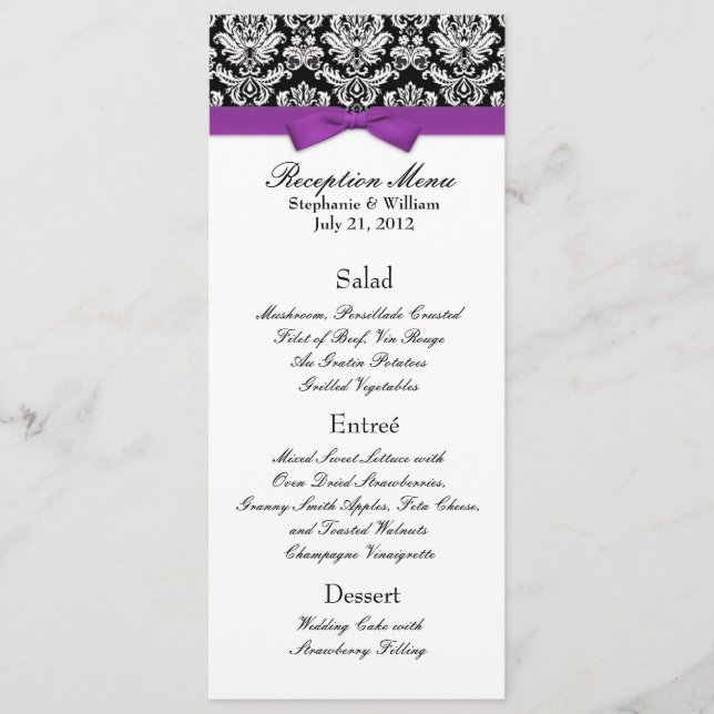 Elegant Damask with Purple Bow Reception Menu (Front)