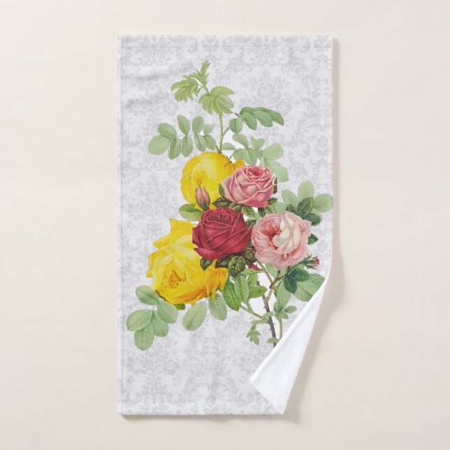 Elegant Damask with Yellow Pink and Red Roses Hand Towel (Hand Towel)