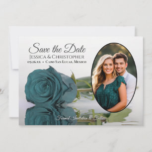 Elegant Dark Aqua Teal Rose Oval Photo Wedding Save The Date
