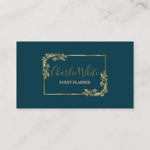 Elegant Dark Bleu And Floral Gold Leaf QR  Business Card
