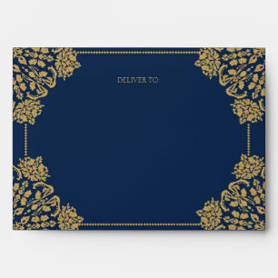 Elegant Dark Blue and Gold Floral Return Address Envelope