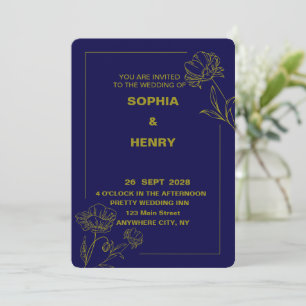 Elegant Dark Blue and Gold Floral Wedding Invitation