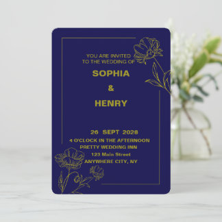 Elegant Dark Blue and Gold Floral Wedding Invitation