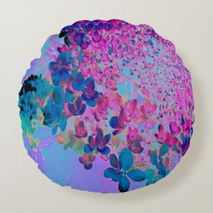 Elegant Dark Blue and Magenta Limelight Hydrangea Round Cushion