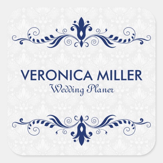 Elegant Dark Blue And Swirly Frame Square Sticker (Front)