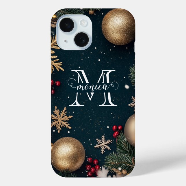 Elegant Dark Blue Christmas Monogram  Case-Mate iPhone Case (Back)